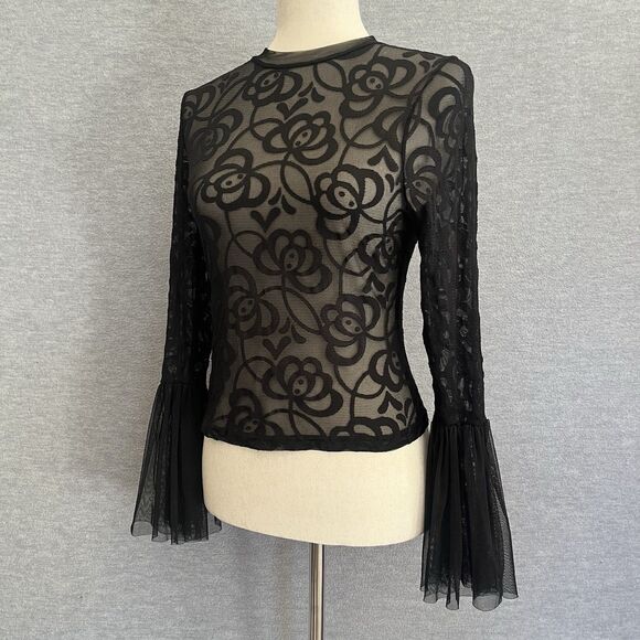 Haute Monde Whimsigoth Bell Sleeve Lace Top Size M Black Witchy Vamp Dark Fairy - Picture 2 of 10